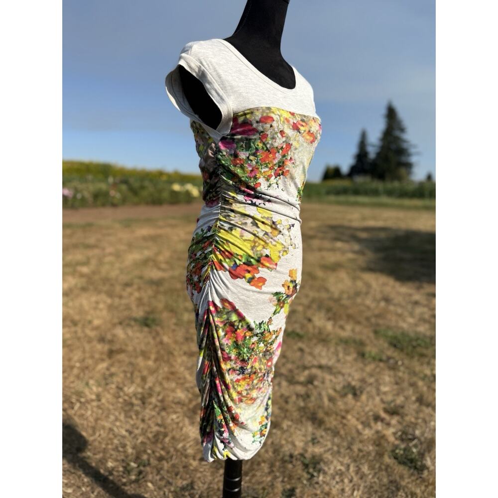 Weston S Watercolor Floral Ruched Midi Dress Bodycon Stretch Made USA Artsy - Picture 9 of 16
